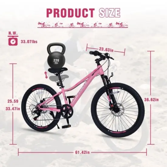 NAYSAYE Mountain Bike for Girls and Boys 24 Inch Steel Frame with 6-Speed Gear System for Outdoor Adventures, Pink, 61.42"*23.63"*36.62" image {3}