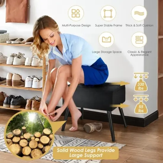 Costway Velvet Storage Ottoman Tufted Flip Top Vanity Stool Footrest with Wood Legs image {6}