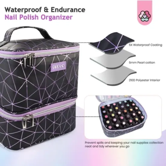 SAVILAND Pro Nail Tech Organizer - PU Leather Case w/30 Polish & Lamp Storage Salon-to-Go.(Black) image {3}