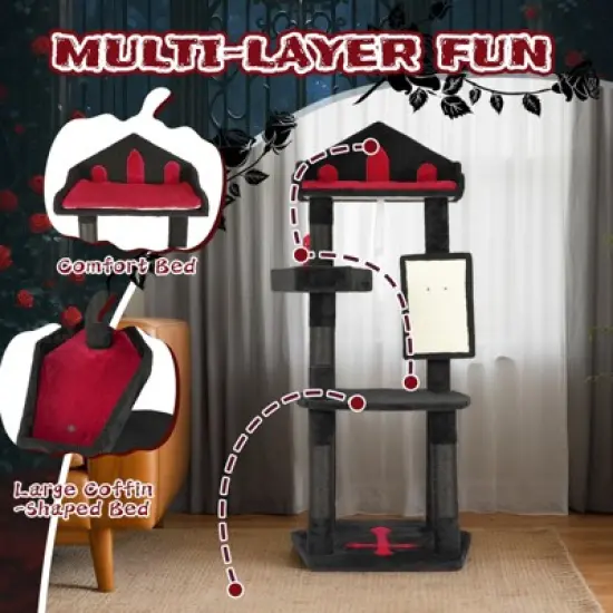 Angel Sar 49'' Gothic Cat Tree with Throne Bed & Coffin Perch, Black Cat Tower with Sisal Scratching Posts and Alien Toy for Indoor Cats image {6}