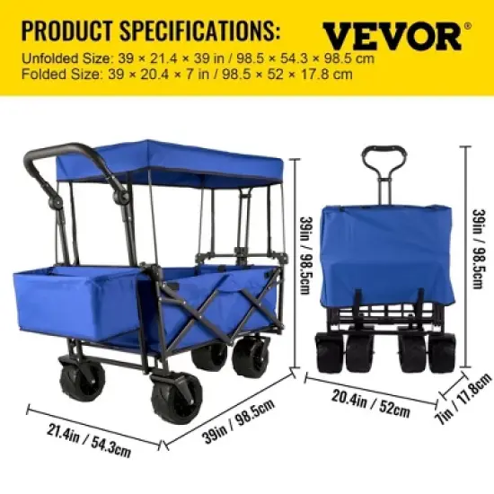 RISOKEYS Collapsible Garden Cart with Removable Canopy, Folding Wagon Utility Carts with Wheels and Rear Storage for Camping,Shopping,Blue image {2}