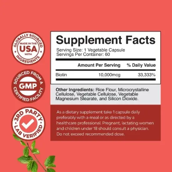 Pure 10000 mcg Biotin Pills for Women & Men, Natural Supplement for Shiny Thick Hair Growth, Get Clear Skin & Strong Nails, Nature's Craft, 60ct image {2}