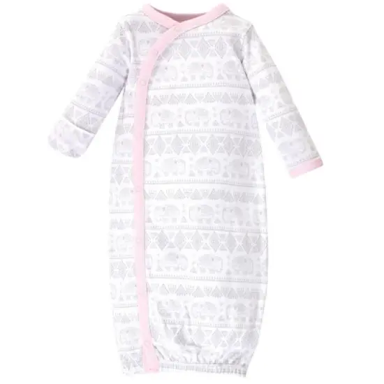 Touched by Nature Baby Girl Organic Cotton Side-Closure Snap Long-Sleeve Gowns 3pk, Pink Gray Elephant image {3}