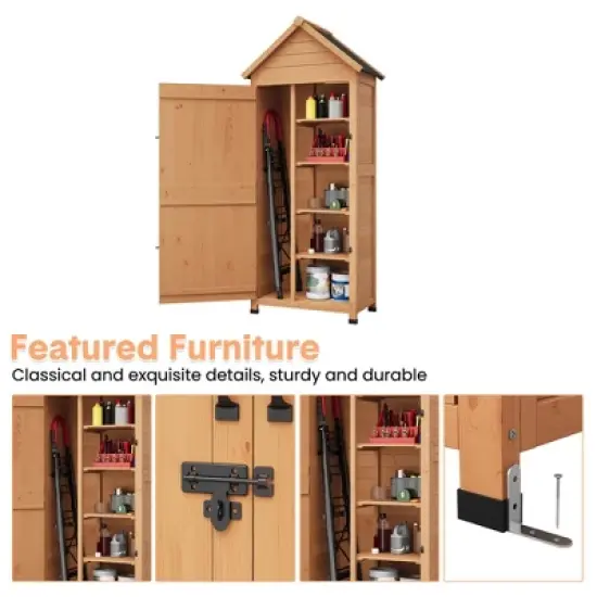 Outdoor Wooden Storage Shed, 63''H Vertical Tool Storage House with Shelves, Large Garden Tools Shed with Lockable Door for Backyard Garden Patio image {3}