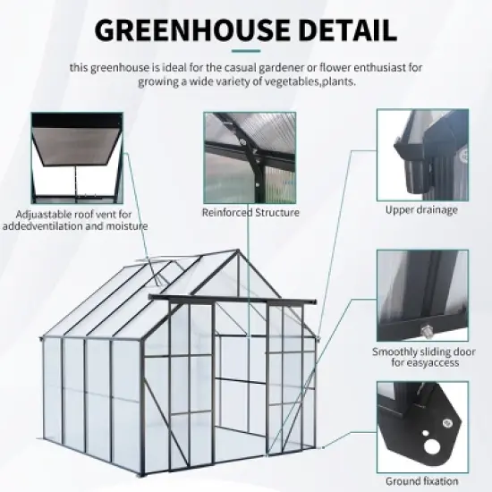 Outdoor 8x6 FT Greenhouse, Double Door Polycarbonate Greenhouse, Heavy Duty Greenhouse with Aluminum Frame and Roof Vent-Coolbibila image {5}