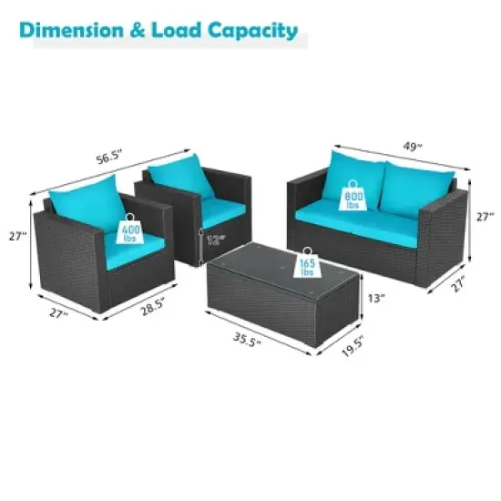 Costway 4PCS Patio Rattan Cushioned Sofa Chair Coffee Table Turquoise image {2}