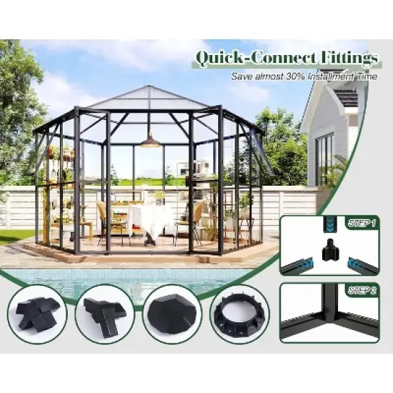 AMERLIFE 12x10x8 FT Walk-in Hexagonal Greenhouse with Aluminum Frame, 2 Vents, Dual Doors, Black image {1}