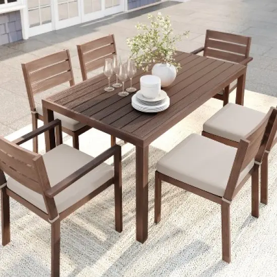 Martha Stewart Bedford Indoor-Outdoor Patio Set with 62" Table and 6 Dining Chairs with Brushed Woodgrain Aluminum Finish and All-Weather Seat Cushion image {5}