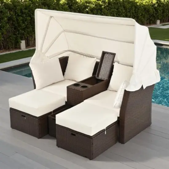 Convertible Outdoor Patio Daybed Loveseat Sofa Set with Retractable Canopy and Central Console image {16}