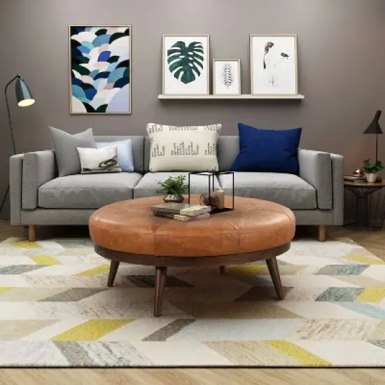 Poly & Bark Gio Italian Leather Ottoman Cognac Tan: Upholstered Padded Seat, Wood Frame, Oval Shape, 17" Height image {2}