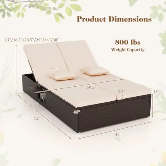 Tangkula Patio Double Chaise Lounge 6 Position Adjustable Wicker Recliner Bed with Cushions & Folding Side Trays image {8}