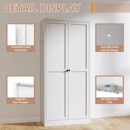 Gulches Modern Farmhouse 61" White Metal Kitchen Pantry Cabinet - 4 Adjustable Shelves, 110lb Capacity, Freestanding image {8}