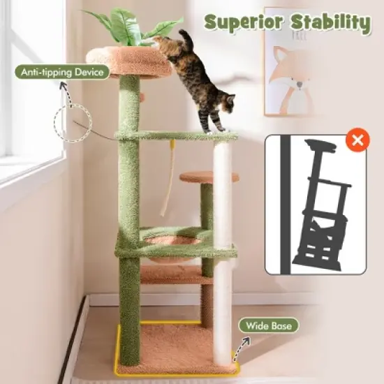 Tangkula 60" Cat Tree for Indoor Cats Cute Cat Tower w/ Sisal Scratching Posts & Rope image {4}
