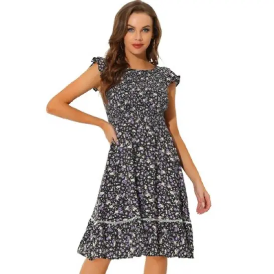 Allegra K Women's Crew Neck Fit and Flare Summer Floral Midi Smocked Dress image {5}