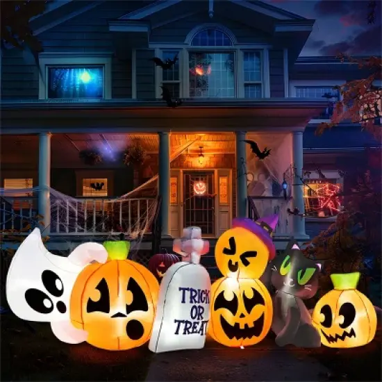 Joyfy 8 FT Long Halloween Inflatables Outdoor Decoration, Inflatable Pumpkin Ghost Cat Tombstone with LEDs for Halloween Yard Garden Lawn Decoration image {3}