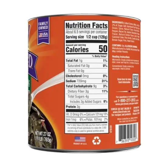 Glory Gluten Free Foods Seasoned Southern Style Collard Greens 27oz image {1}