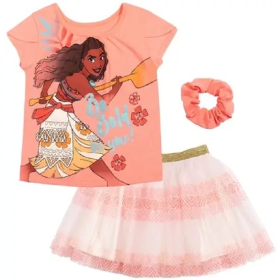 Disney Moana Princess Frozen Rapunzel Jasmine Belle Girls T-Shirt Tulle Skirt and Scrunchie 3 Piece Outfit Set Little Kid to Big Kid image {11}