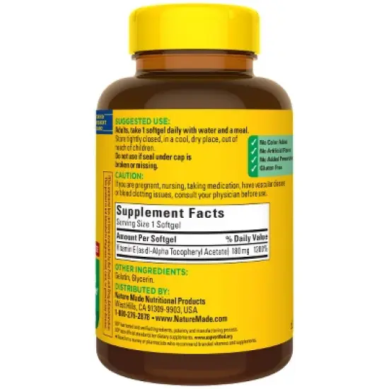 Nature Made Vitamin E 180 mg (400 IU) dl-Alpha, Dietary Supplement for Antioxidant Support, 300 Softgels, 300 Day Supply image {1}