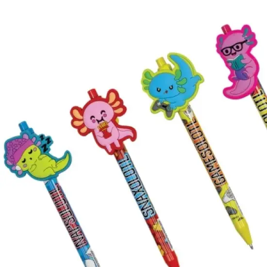 Adorable Axolotl Themed Clip Pens (4 Pack) - Napsolotl, Readsolotl & More! Black Ink, Retractable (5.75" Long) image {3}