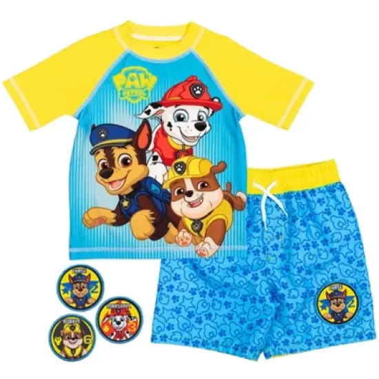 Nickelodeon Paw Patrol Rubble Chase Marshall Rash Guard and Swim Trunks with Removable Patches Outfit Set Toddler image {7}