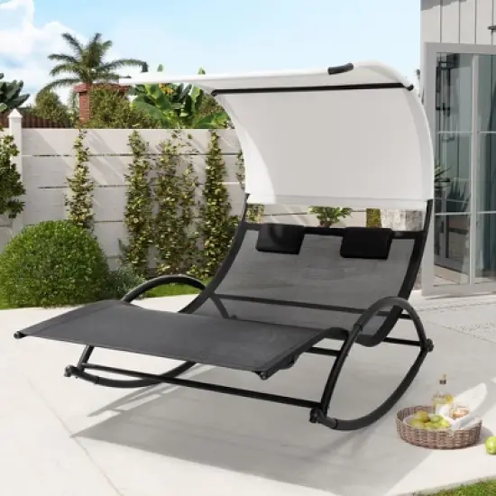 Crestlive Products Outdoor Double Sun Bed Chaise Lounge Chair Rocking Bed with Sun Shade & Wheels image {5}