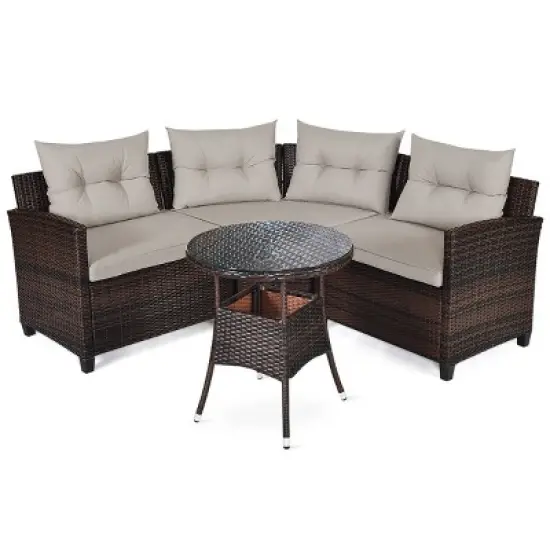 Costway 4PCS Outdoor Patio Rattan Furniture Set Cushioned Sofa Table image {9}
