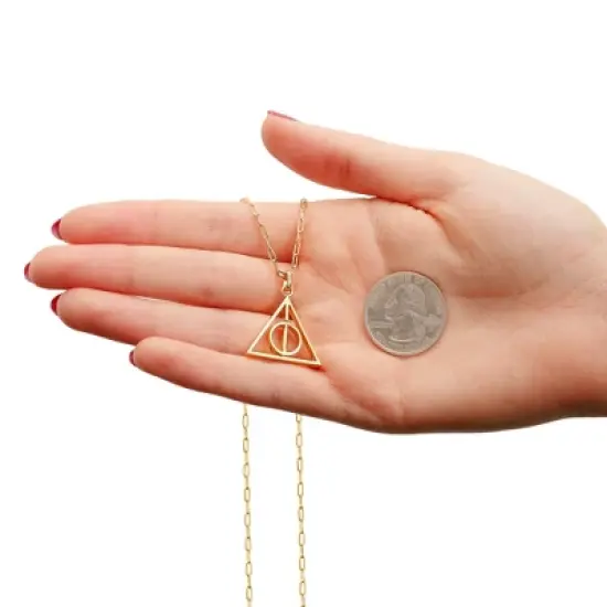 Harry Potter Womens Deathly Hallows 18KT Gold Plated Paperclip Chain Necklace with Spinning Deathly Hallows Pendant, 18" image {4}