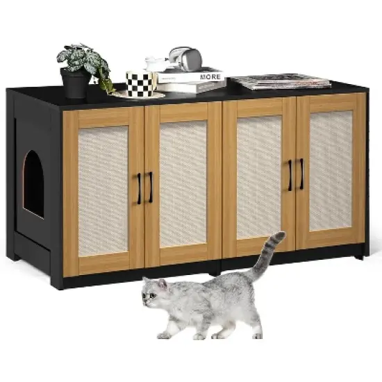 2  Cat Litter Box Cabinet, 47'' Hidden Litter Box Enclosure with Double Room, Wooden Cat House TV Stand Sideboard with 4 Sisal Doors image {2}