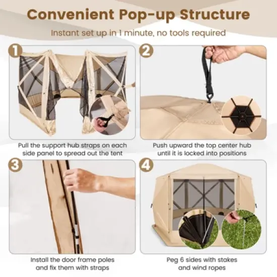Costway 11.5 X 11.5 FT 6-Sided Pop-up Screen House Tent With 2 Wind Panels for Camping Coffee/Green image {7}