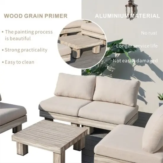 Moda Furnishings 4-Person Outdoor Patio Aluminum Wood Grain Sectional Seating Group With Beige Cushions image {6}