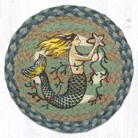 Earth Rugs Mermaid Printed Round Trivet &ndash; 10"x10" Braided Jute Mat with Coastal Fantasy Ocean Design image {3}