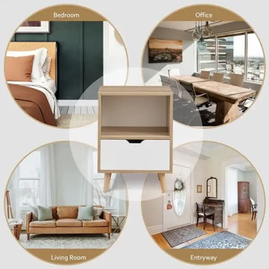 Sweetgo Modern Wooden Bedroom 2-Tier Nightstand End Side Table with Open Shelf, 4 Anti-Slip Rubber Padded Legs, & 1 Storage Drawer, Tan, Set of 2 image {3}