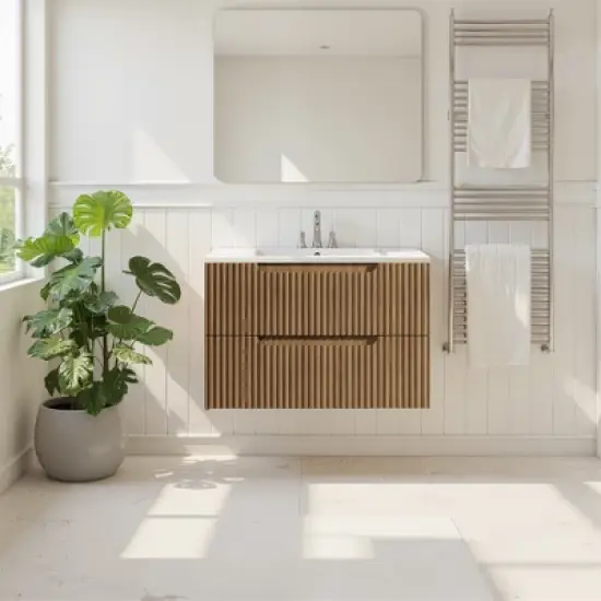 Spassway 24" Walnut Floating Wall Mount Bathroom Vanity with White Sink image {7}