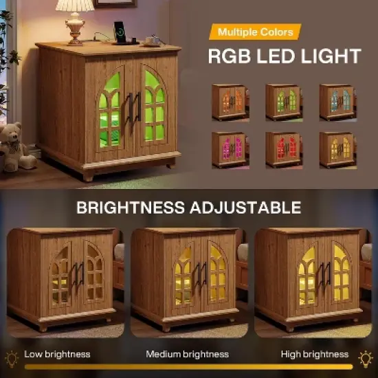 Tribesigns Nightstand with Charging Station & Light, 23.6" Square Night Stand Wooden Bedside Table with Outlet, End Table with Storage, Brown image {4}