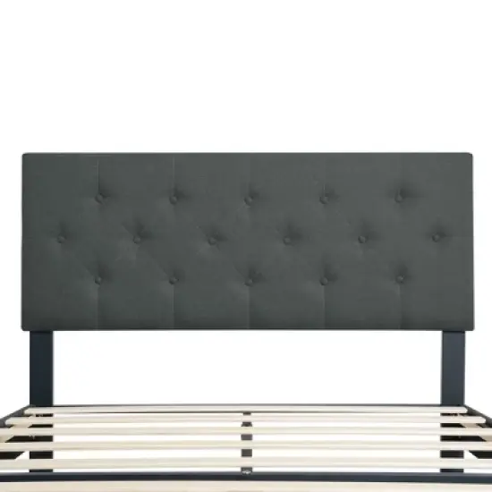 Okak Modern Platform Bed Frame with Upholstered with Linen Fabric Button Tufted Headboard Wood Slats No Box Spring Needed Easy Assembly image {3}