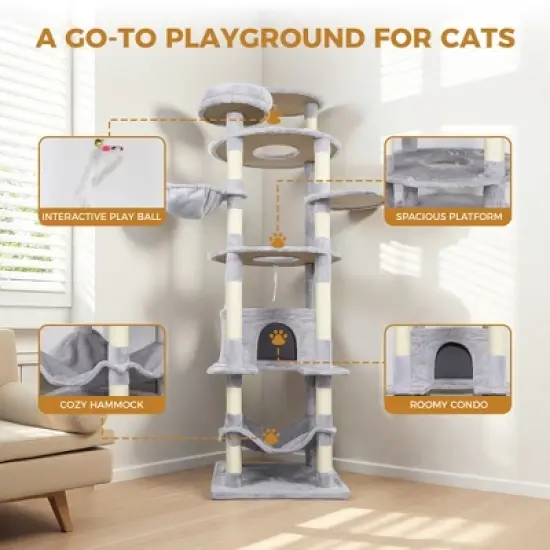 Whisen 78" Cat Tree Tower with Large Condo, Sisal Scratching Post, Hammock & Top Platform image {4}