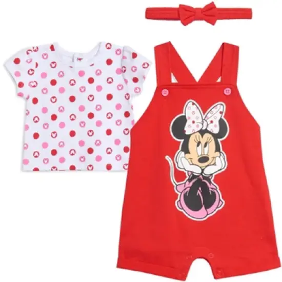 Disney Minnie Mouse Baby Girls French Terry Short Overalls T-Shirt and Headband 3 Piece Outfit Set Newborn to Toddler image {9}