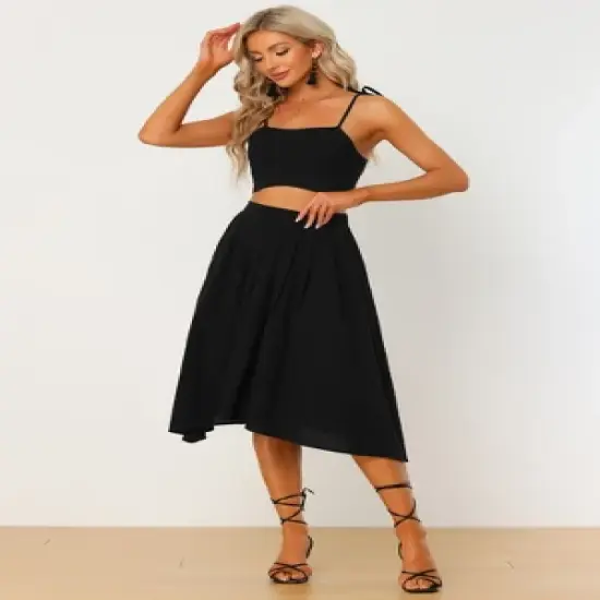 Allegra K Women's Two Pieces Spaghetti Strap Outfits Cami Crop Top Elastic Waist Swing Skirt Sets image {2}