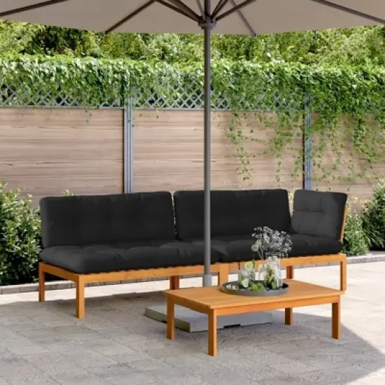 vidaXL Pallet Sofa Set Acacia wood color with black cushions image {1}