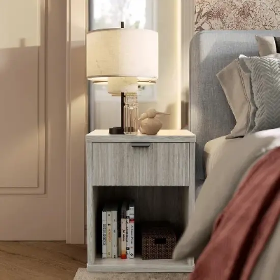 Vipbear Night Stand Scandinavian Nightstand with Fluted Drawer Storage End Table Modern Mid Century Wood Bedside Table for Bedroom Office-Gray/Brown image {4}