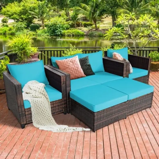 Costway 5PCS Patio Rattan Furniture Set Loveseat Sofa Ottoman Cushioned Red\White image {13}