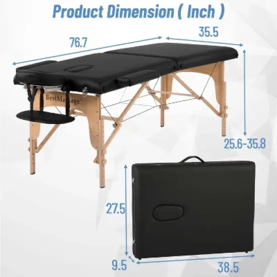 Bestmassage Massage Table 2 Fold Portable Massage Table Height Adjustable Salon Tattoo Bed, Black image {6}