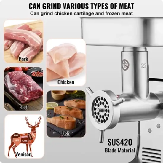 VEVOR Meat Grinder, 13 Lbs/Min Capacity Electric Meat Grinders with Blade, Grinding Plate, Sausage Maker, Stainless Steel Commercial Meat Mincer image {4}