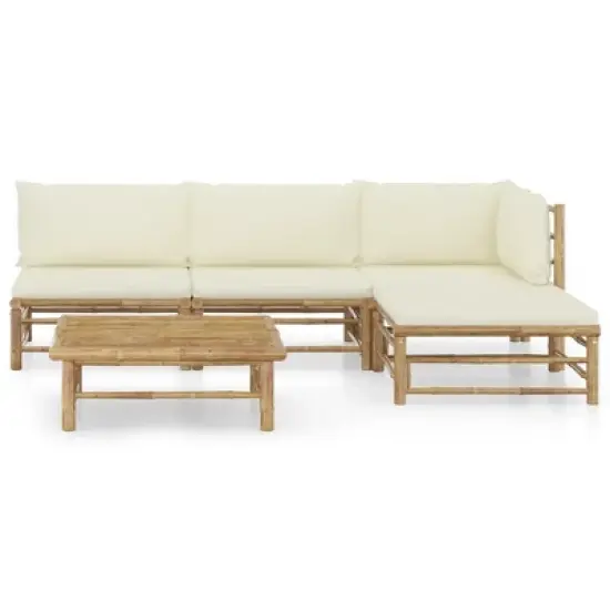 vidaXL 5 Piece Bamboo Patio Lounge Set with Cream White Cushions - Versatile Outdoor Furniture with Comfortable Cushions, Lightweight & Easy-to-Clean image {14}