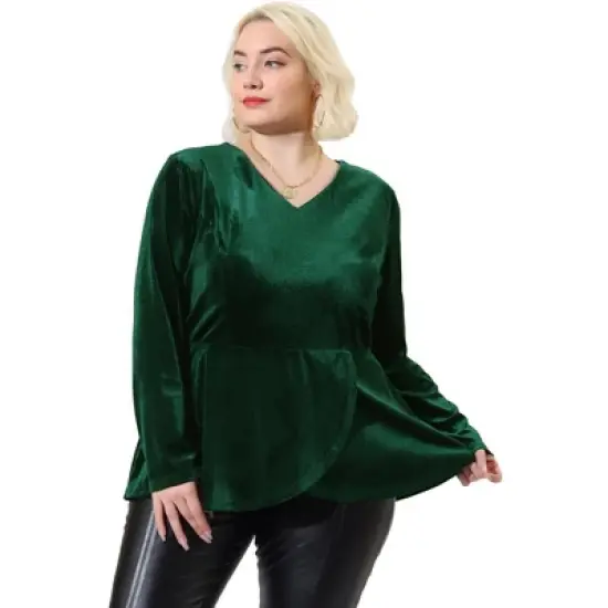 Agnes Orinda Women's Plus Size V Neck Tulip Hem Long Sleeve Peplum Velvet Tops image {7}