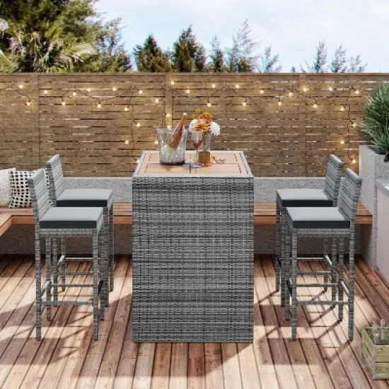 5-pieces Outdoor Patio Wicker Bar Set,Bar Height Chairs With Non-Slip Feet And Fixed Rope,Removable Cushion,Acacia Wood Top,Brown Wood-Maison Boucle image {2}