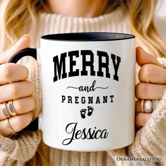 Merry and Pregnant Mug, Baby Announcement Christmas Gift for New Mom (Non-Custom Only)| OrnamentallyYou image {3}