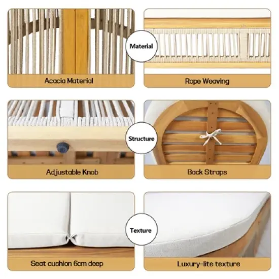 Moda Furnishings Acacia Wood Rope Weaving Patio Outdoor Reclining Chaise Lounge With Cream Cushions image {9}