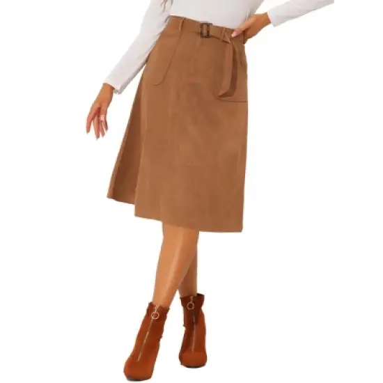 Allegra K Women's Casual Faux Suede Pockets Stretch A-line Midi Skirt with Belt image {6}