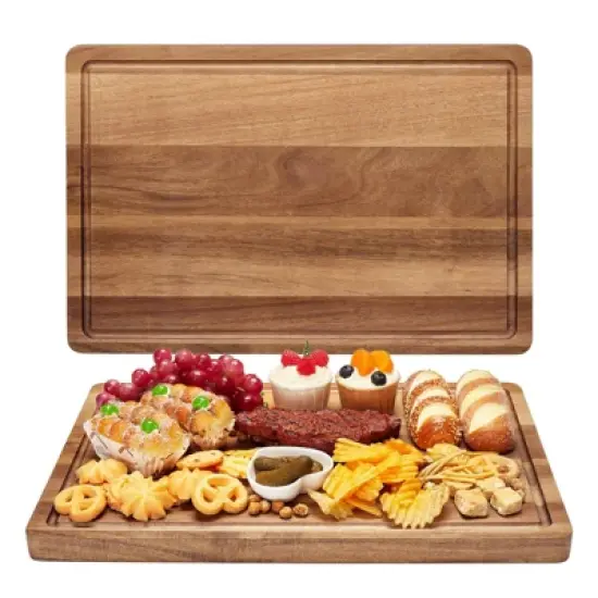 Large Natural Acacia Wood Cutting Board, 18"x12" Reversible Butcher Block with Deep Juice Groove & Side Handles, Durable Multipurpose Chopping Board image {6}